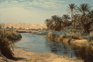 Oasis with Palm Trees in Desert Landscape