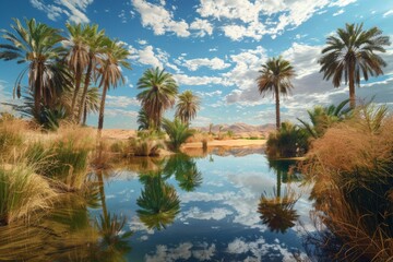 Oasis with Palm Trees in Desert Landscape
