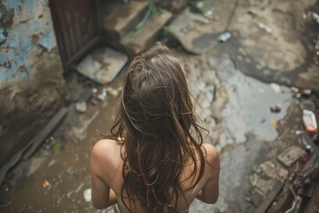 Fototapeta premium A woman with long hair standing in a dirty area. Suitable for urban and environmental themes