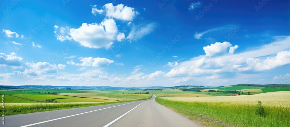 Poster a scenic country road in summer featuring vast open fields and clear blue skies perfect for a copy s