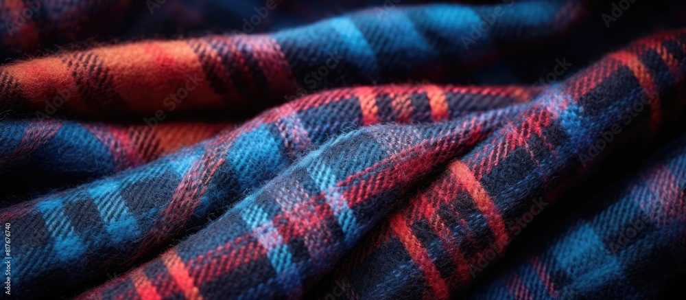 Aufkleber Close up of a soft and cozy woolen plaid scarf with a delicate texture showcasing its large weave pattern Copy space image