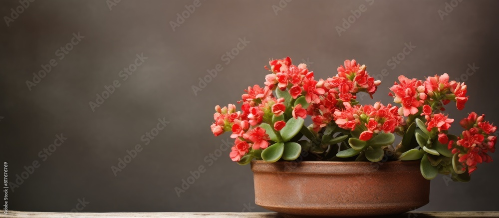 Poster Kalanchoe plant displayed in a pot with empty space available for adding text. Creative banner. Copyspace image