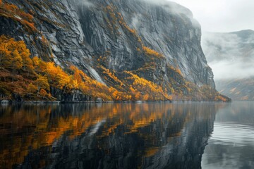 Autumn Landscape with Cliffs and Reflective Lake