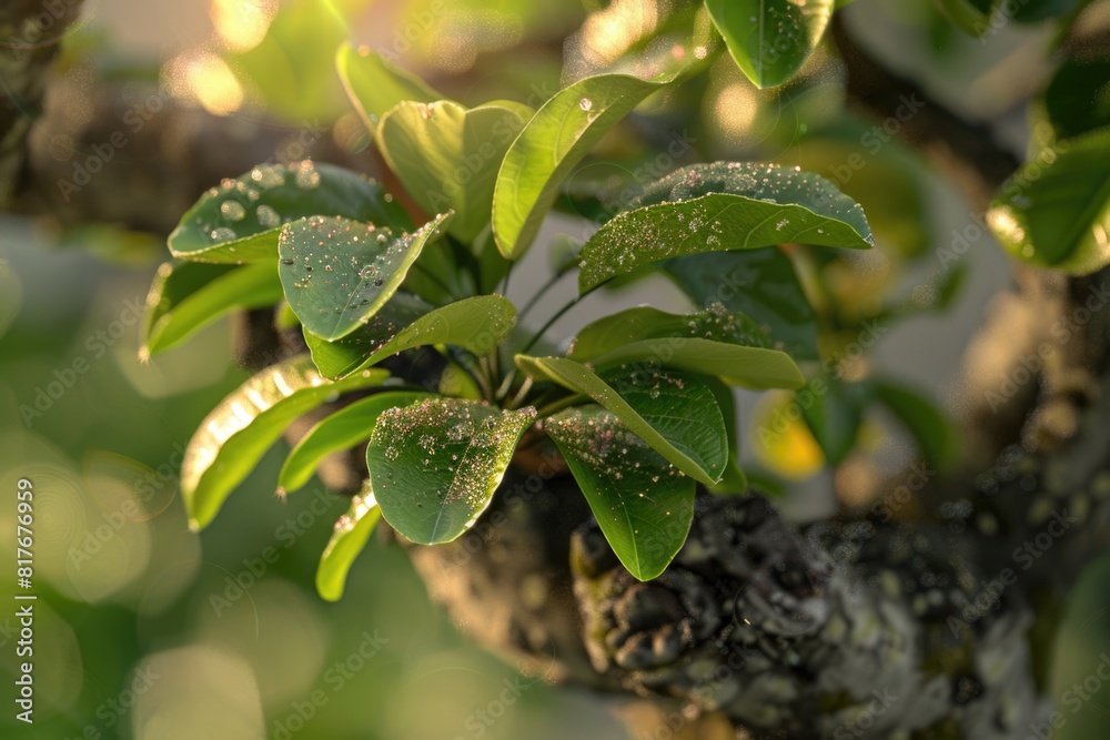 Poster close up view of a tree with vibrant green leaves. suitable for nature and environmental themes