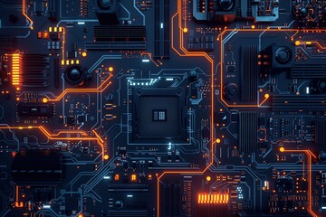 Fototapeta premium 3D rendering of abstract computer circuit motherboard, for educational purposes, digital wallpapers, or tech project.