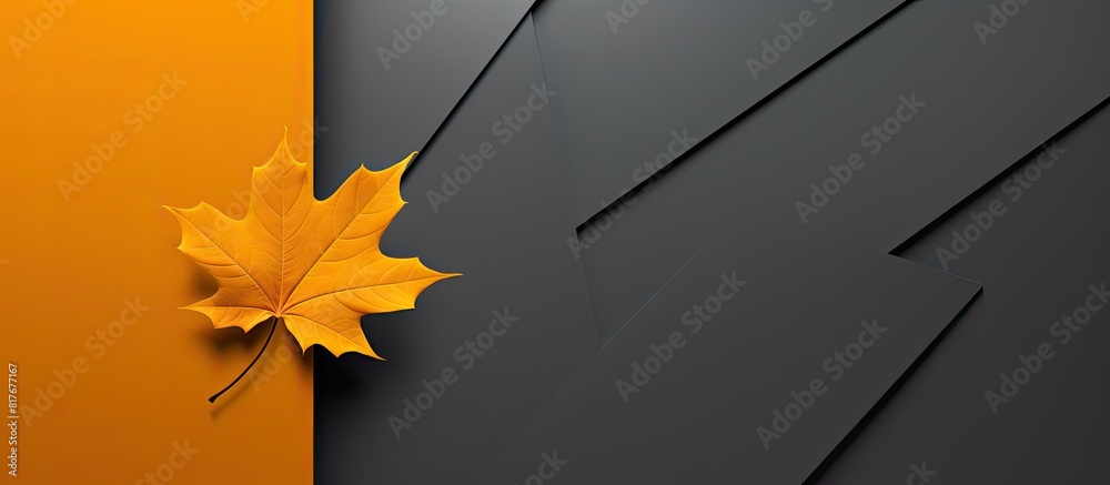 Poster a yellow and grey geometric background with a single orange fallen maple leaf providing ample copy s