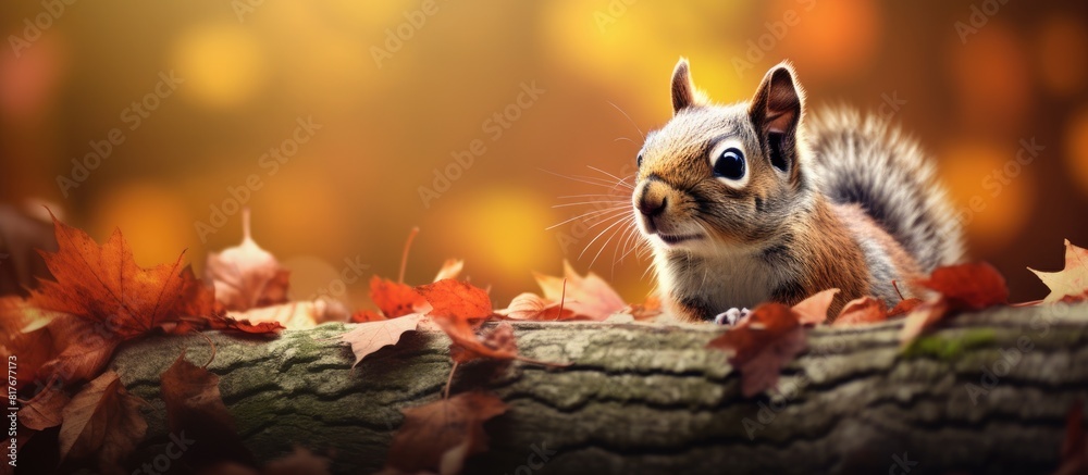 Poster Autumn leaves surround a squirrel in the scene of a copy space image