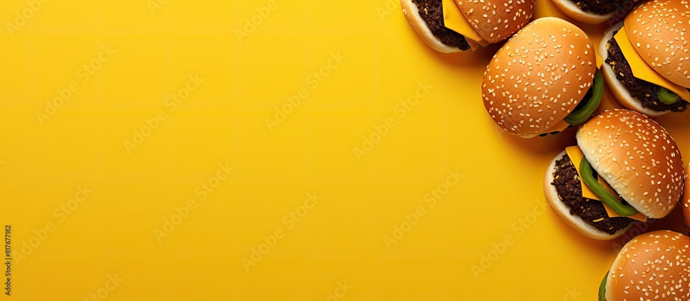 Poster A top view of burgers on a yellow background with plenty of copy space available for additional images or text