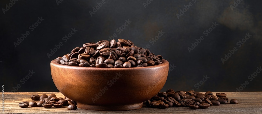 Poster A wooden bowl holds a composition of coffee beans creating a copy space image