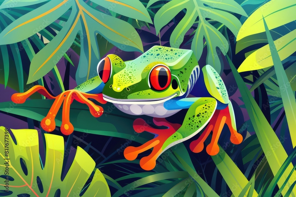 Poster a frog sitting on top of a leaf covered tree. suitable for nature and wildlife themes