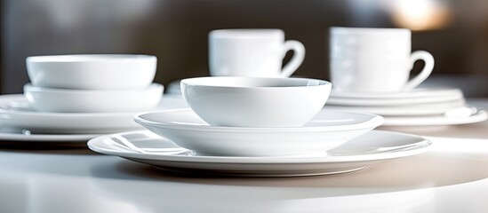 Fototapeta premium A high key image of white dishes set on a coffee table with plenty of copy space