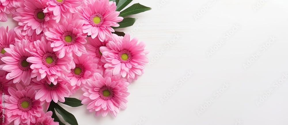 Poster A top down view of a pink chrysanthemum bouquet placed on a white surface leaving room for text in the background Flat lay style. Creative banner. Copyspace image