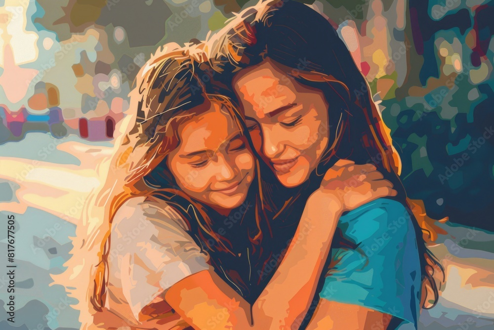 Poster a touching image of two women embracing. suitable for various concepts and designs