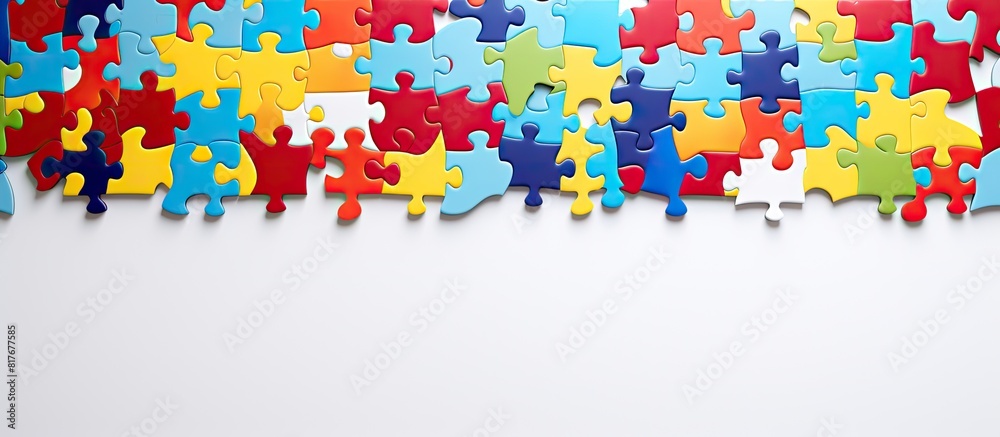 Poster A mosaic of puzzles with one missing piece on a white background creating a captivating copy space image