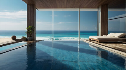 sparkling blue infinity pool merging with the ocean view