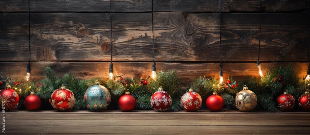 Poster a festive arrangement of christmas ornaments adorns a rustic wooden backdrop creating a captivating 