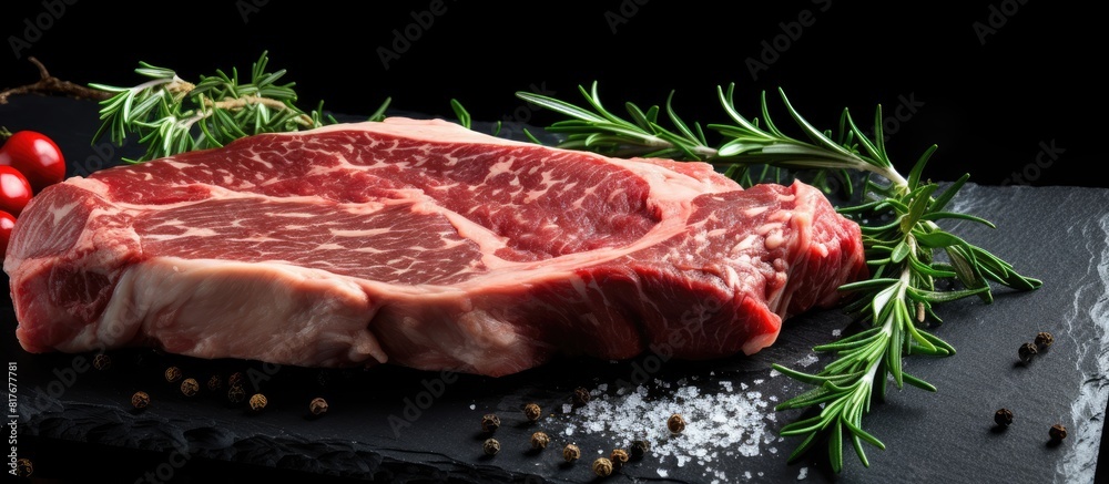 Poster a copy space image of a raw beef bone rib steak is displayed on a black board embellished with herbs