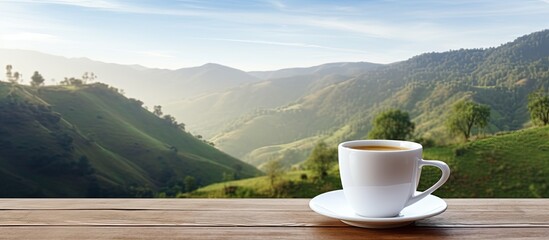 A white coffee cup rests on a wooden table the backdrop showcasing a serene mountain landscape in the distance. Creative banner. Copyspace image