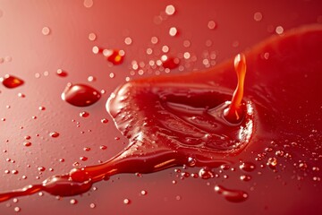 Close-up of a tomato ketchup splash, with red liquid dripping onto a red surface, creating scattered droplets