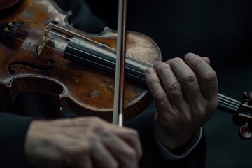 A man skillfully playing the violin, focusing on the intricate movements of his hands as he creates...