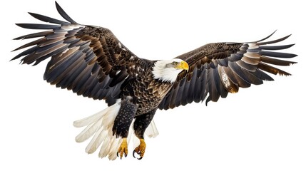 Obraz premium Majestic bald eagle flying with spread wings, ideal for wildlife and freedom concepts