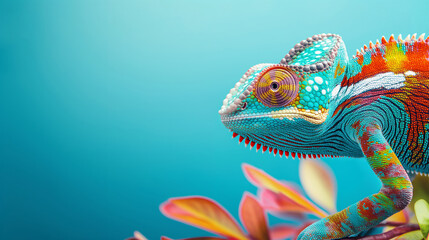 Obraz premium Colorful chameleon, creative art design background with copy space. Beautiful and cute reptile in vibrant colors. Tropical and exotic wildlife portrait of a lizard on a branch.