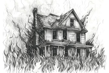 Detailed black and white illustration of a house engulfed in flames. Suitable for illustrating emergency situations