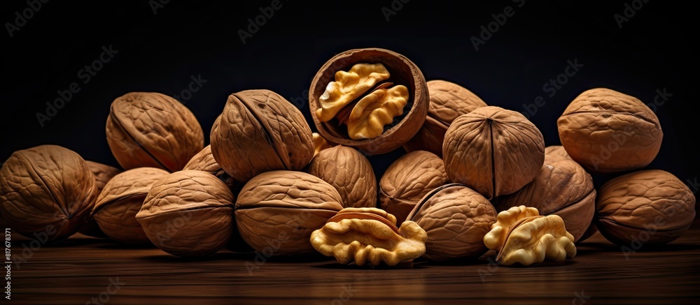 Poster a side view copy space image of walnuts in their shells resting on a black surface against a backgro