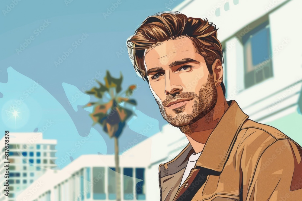 Poster a man in a brown jacket standing in front of a building. suitable for business and urban themes