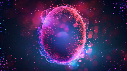 Obraz premium A pink egg is floating in a body of water with purple and blue hues. The egg is surrounded by water splashes, creating a sense of movement and energy. The image evokes a feeling of playfulness