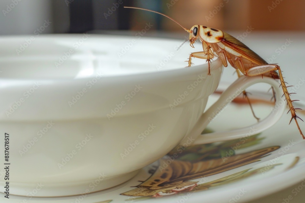 Poster a detailed view of a cup and saucer on a table. perfect for showcasing tableware products