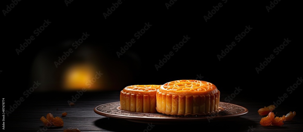 Poster Copy space image of Moon cake yolk pastry displayed on a dark gray table background to symbolize the Mid Autumn Festival holiday