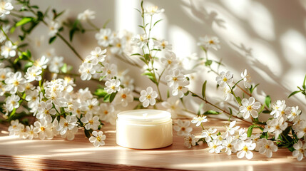 Product display model, background decorated with flowers.