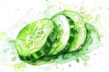 Obraz premium Fresh and vibrant watercolor painting of a sliced cucumber. Perfect for food and healthy lifestyle concepts