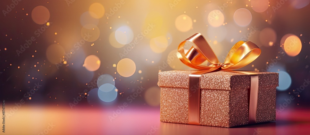 Poster colorful background with a gift box adorned with a golden ribbon bow creating a visually appealing c