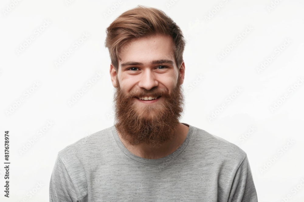 Poster a man with a beard smiling at the camera. suitable for various marketing campaigns