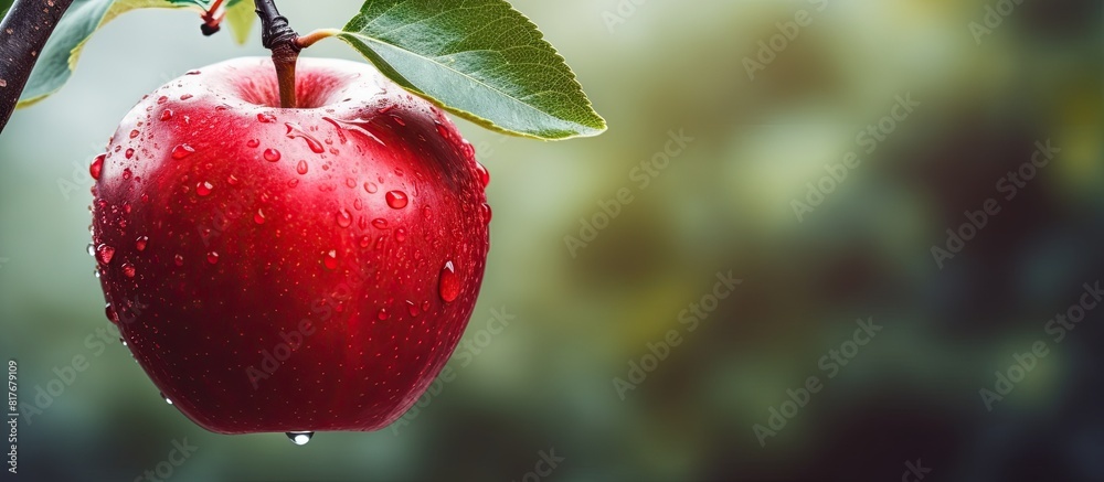 Poster Close up of a red ripe apple hanging from a branch in the garden with copy space image