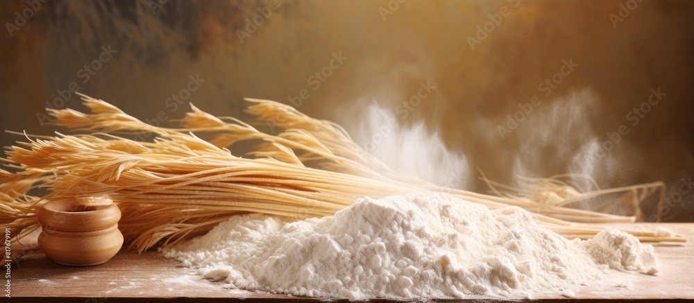 Poster A copy space image of uncooked pasta noodles in the form of nests alongside flour and seasonings placed on a table