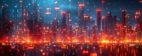 Obraz premium Vibrant digital art of a futuristic abstract cityscape with glowing lights and skyscrapers