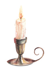 Burning candle in vintage candlestick. Hand drawn watercolor illustration on white background