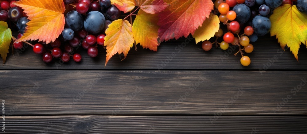 Aufkleber a copy space image featuring a vibrant frame of autumn leaves on wooden boards adorned with ripe ber