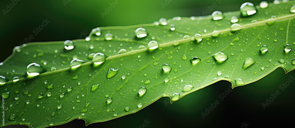 Poster a green leaf adorned with glistening water droplets creating a captivating copy space image