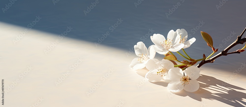 Aufkleber On a sunny table there is a white almond tree flower resting against a textured surface creating a visually appealing copy space image