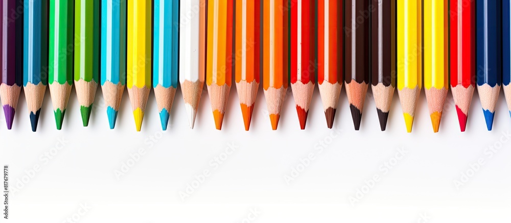 Poster a vibrant assortment of colored pencils on a blank white backdrop providing ample blank space for ad