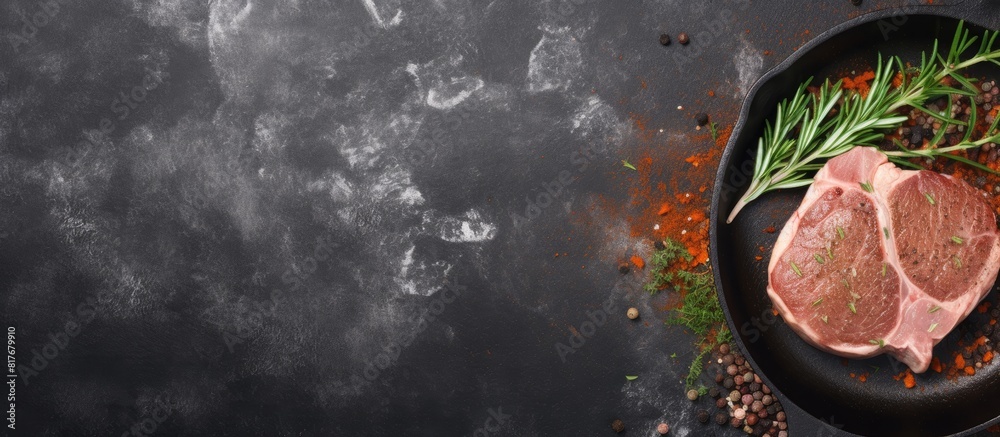 Poster The top view of a piece of veal meat with spices in a pan is showcased against a backdrop of a stone The image includes copy space