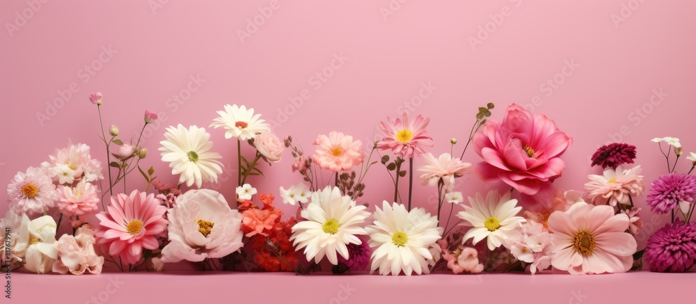 Poster a stunning arrangement of flowers on a pink background with ample space for text or other elements