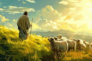 A man standing in a field with a herd of sheep. Suitable for agricultural concepts