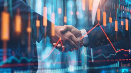 Two professionals handshake in front of a digital financial graph, symbolizing a business deal or partnership amidst market trends