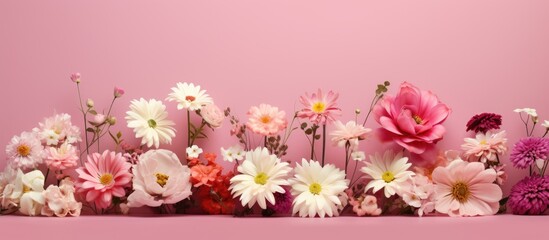 A stunning arrangement of flowers on a pink background with ample space for text or other elements