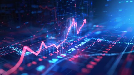 This image showcases a dynamic digital representation of a stock market graph with fluctuating data points, highlighting financial analysis and trading trends